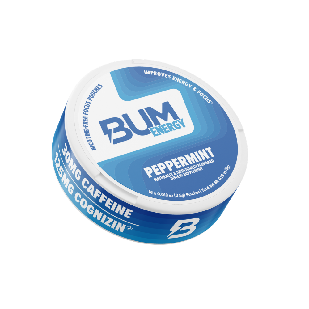 Blue and white container of Bum Energy peppermint flavor on a white background