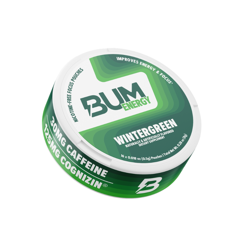 Green and white container of Bum Energy Wintergreen with caffeine and Cognizin ingredients on a white background