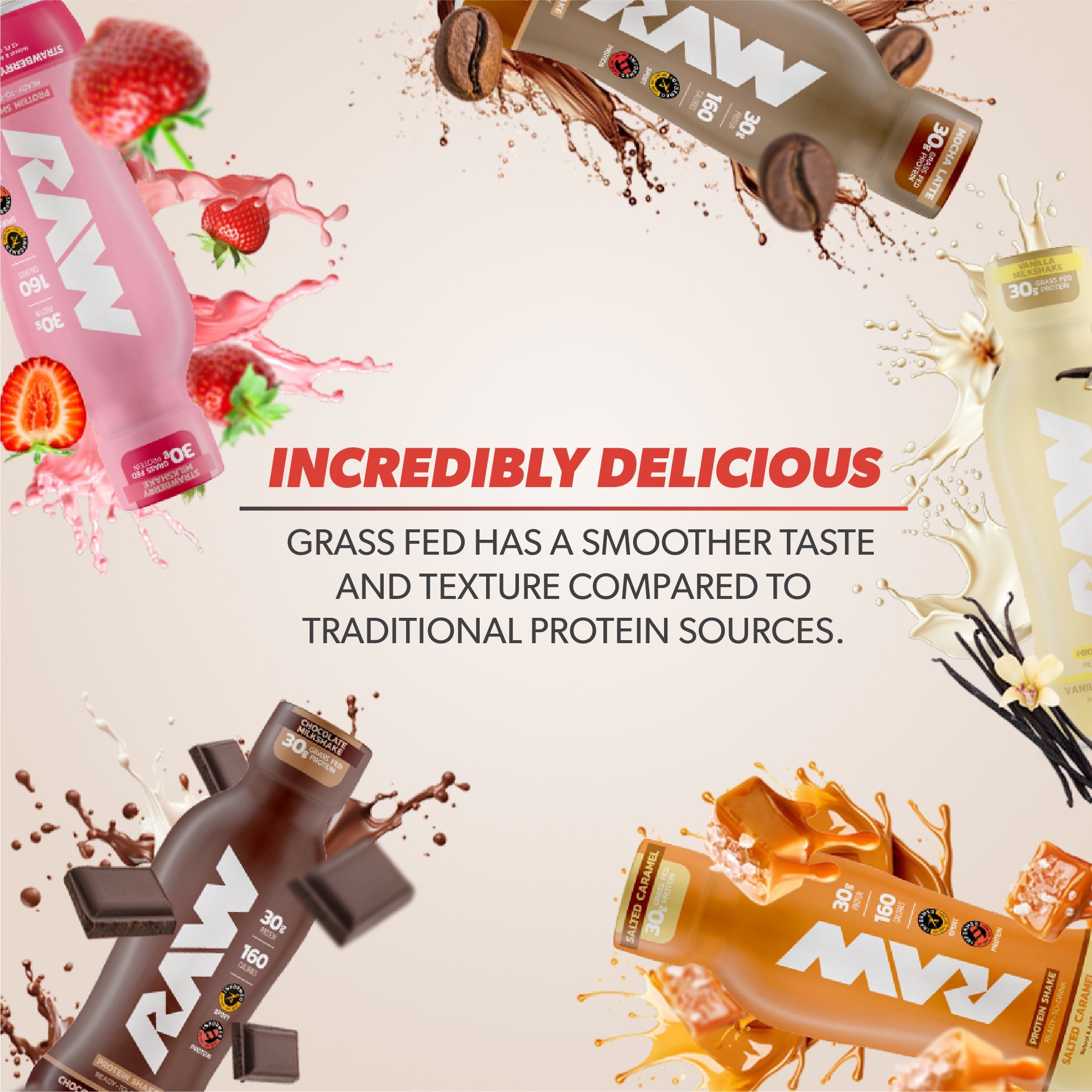 Raw protein bars in various flavors with text highlighting their deliciousness and benefits.