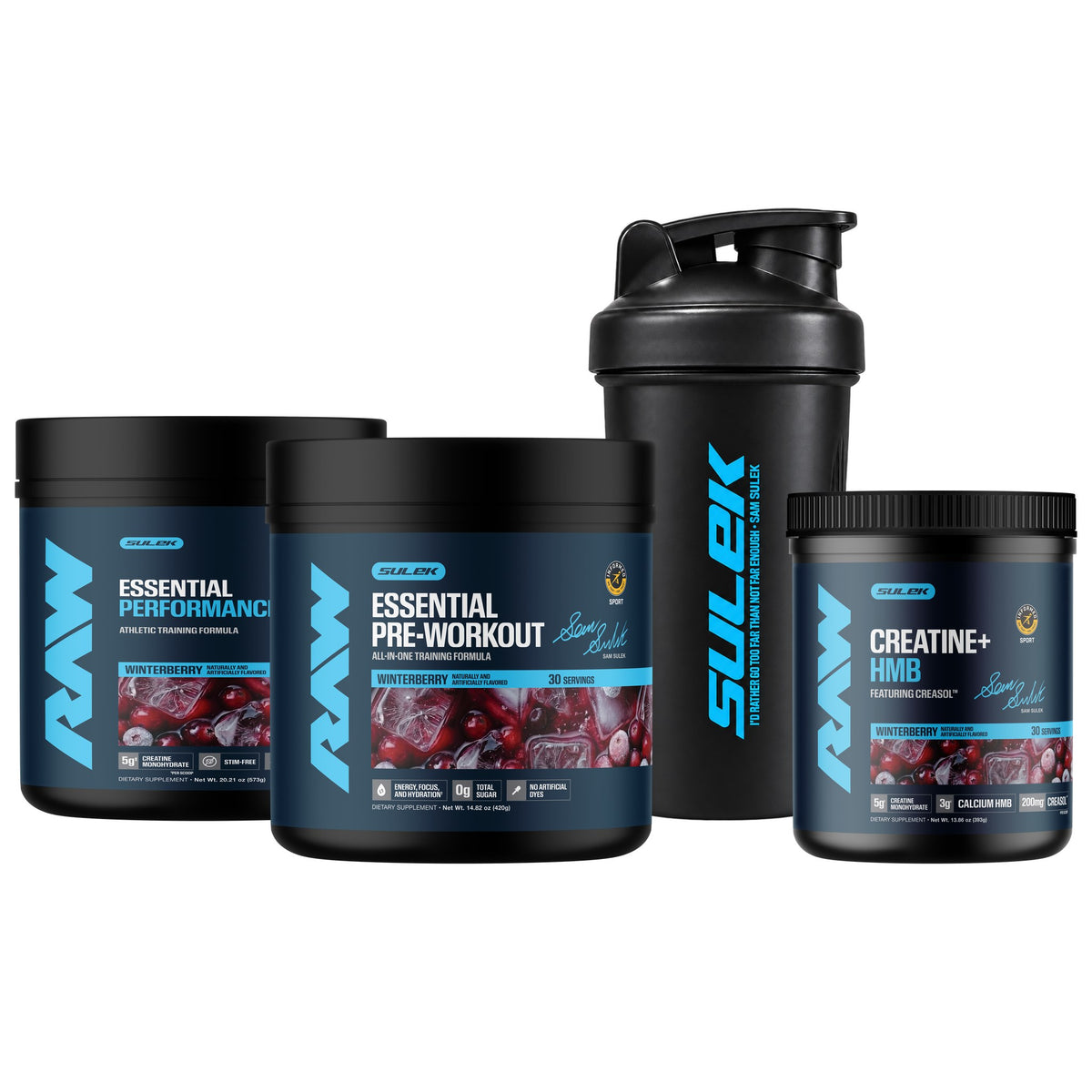 Sam Sulek shaker bottle with RAW Winterberry Essential Pre-Workout, Essential Performance and Creatine + HMB