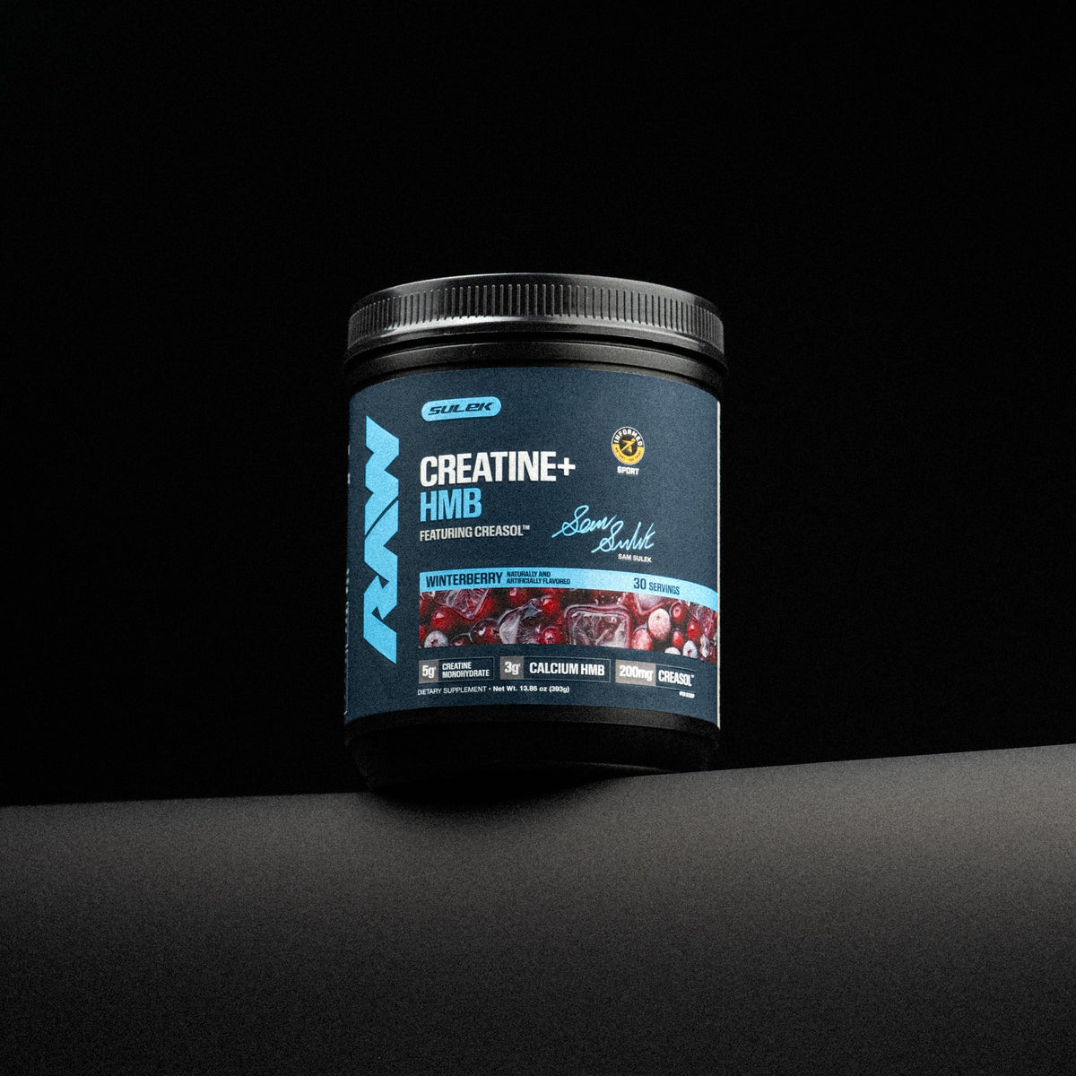 RAW Winterberry Creatine + HMB from the Sam Sulek Series, studio shot on black