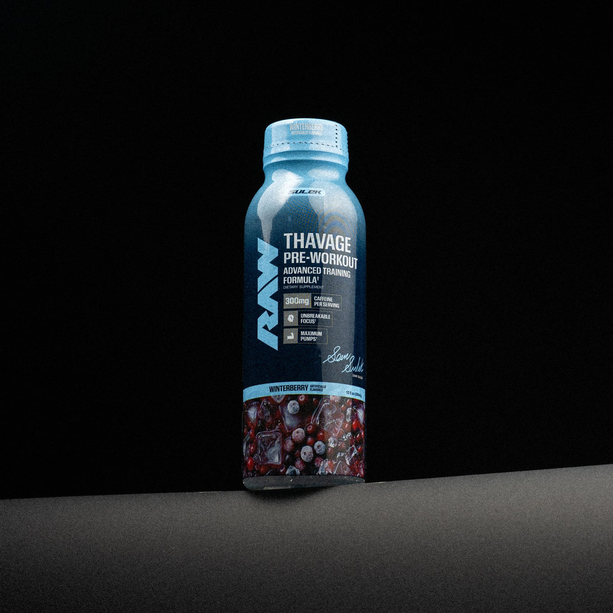 RAW Winterberry Thavage RTD Pre-Workout from the Sam Sulek Series, studio shot on black