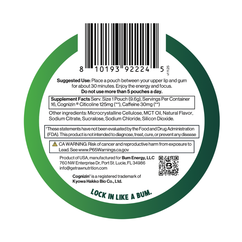 Back label of BUM Pouches Wintergreen Flavored , barcode, and Supplement Fact Panel.