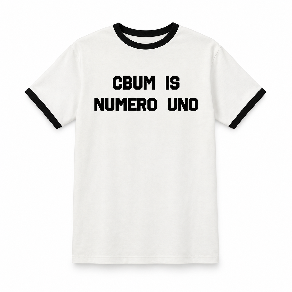 Vintage white tee with black CBUM is Numero Uno on the front