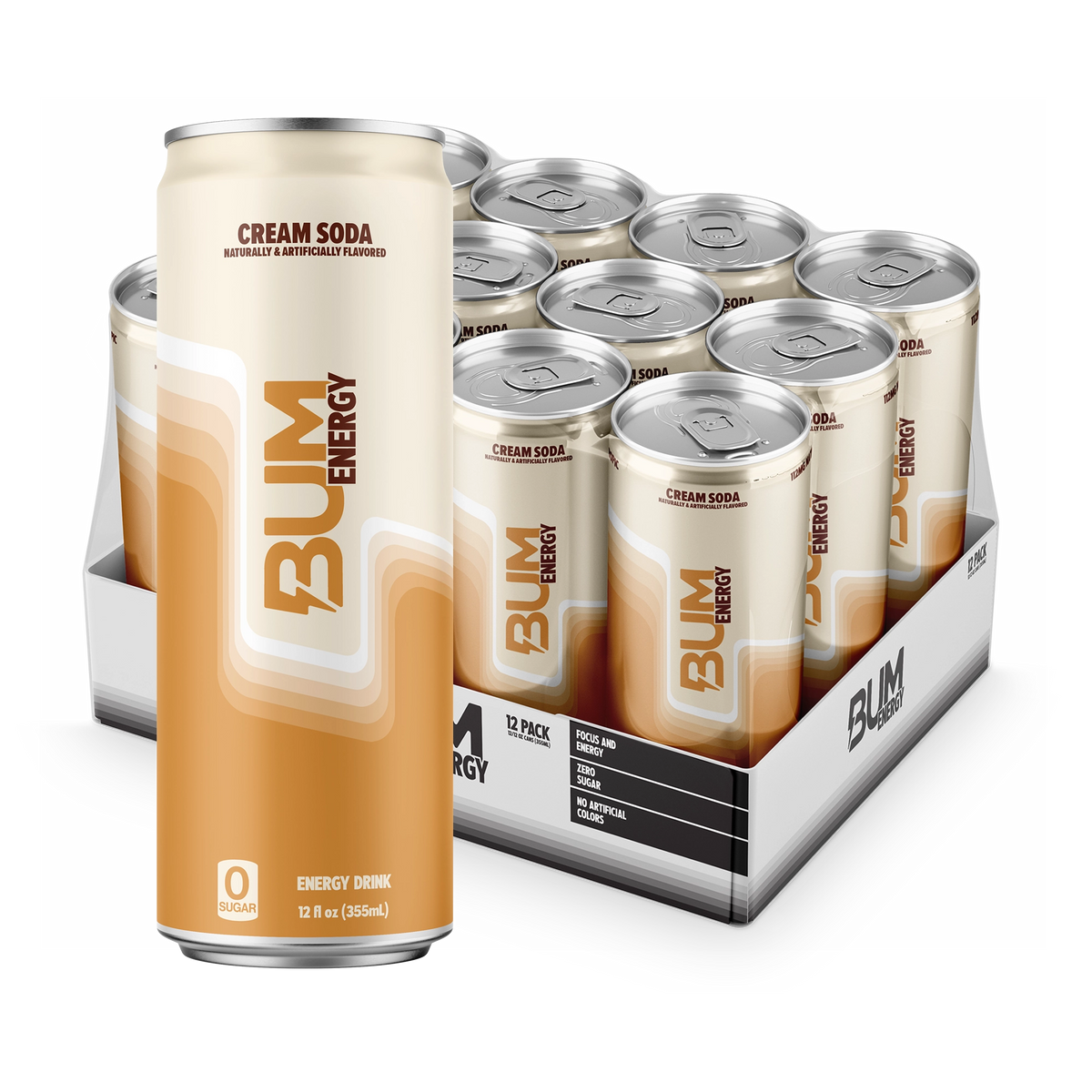 BUM Energy Cream Soda 12-pack: cream and light orange zero-sugar can in front of an open tray of 12 cans