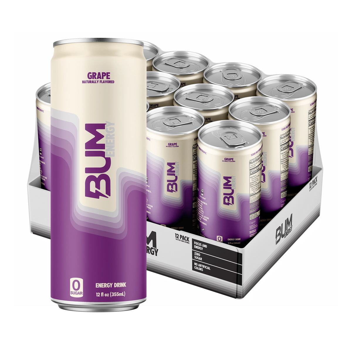 BUM Energy Grape 12-pack: cream and purple zero-sugar can in front of an open tray of 12 cans