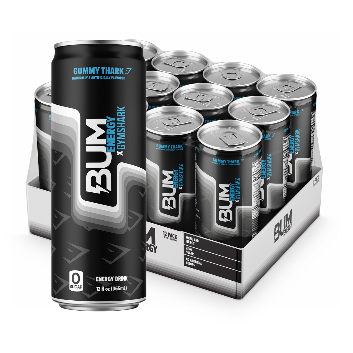 BUM Energy x Gymshark Gummy Thark 12-pack: black and gray zero-sugar can with blue accents in front of an open tray