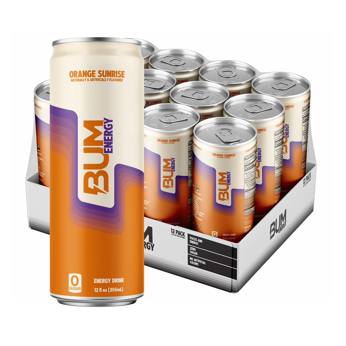 BUM Energy Orange Sunrise 12-pack: cream and orange zero-sugar can with purple accents in front of an open tray of 12 cans