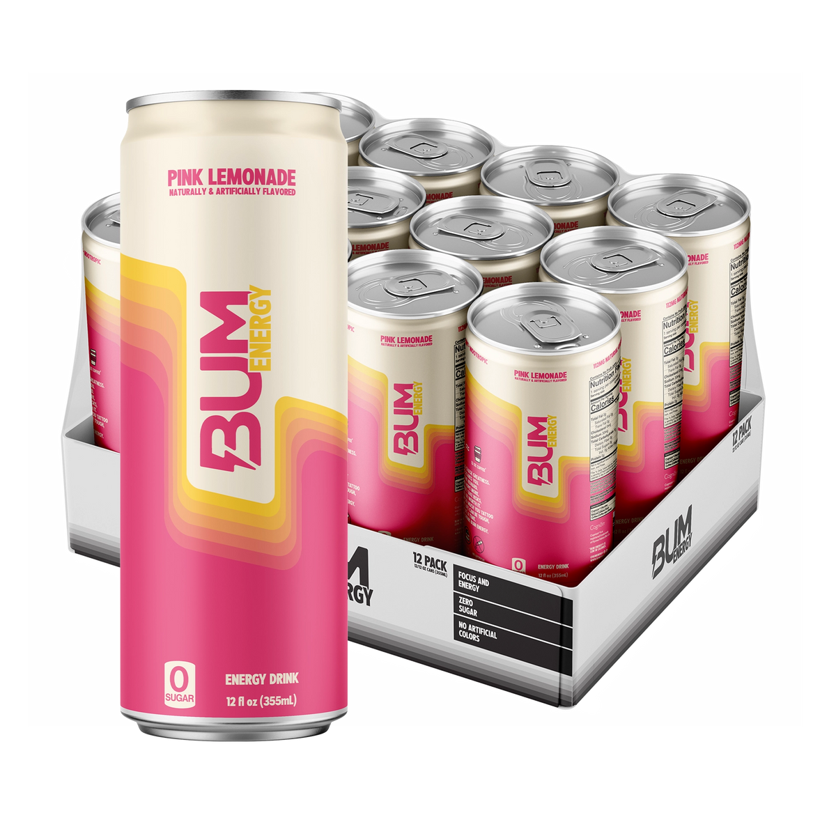 BUM Energy Pink Lemonade 12-pack: cream and pink zero-sugar can with yellow accents in front of an open tray of 12 cans