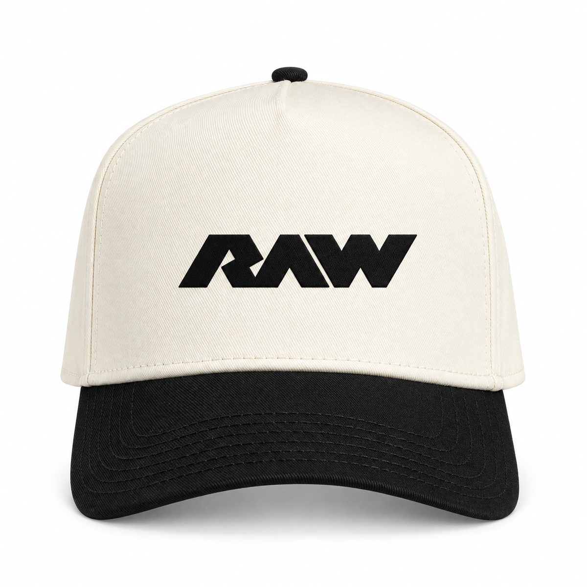 Two toned black and white ball cap with the RAW logo on the front