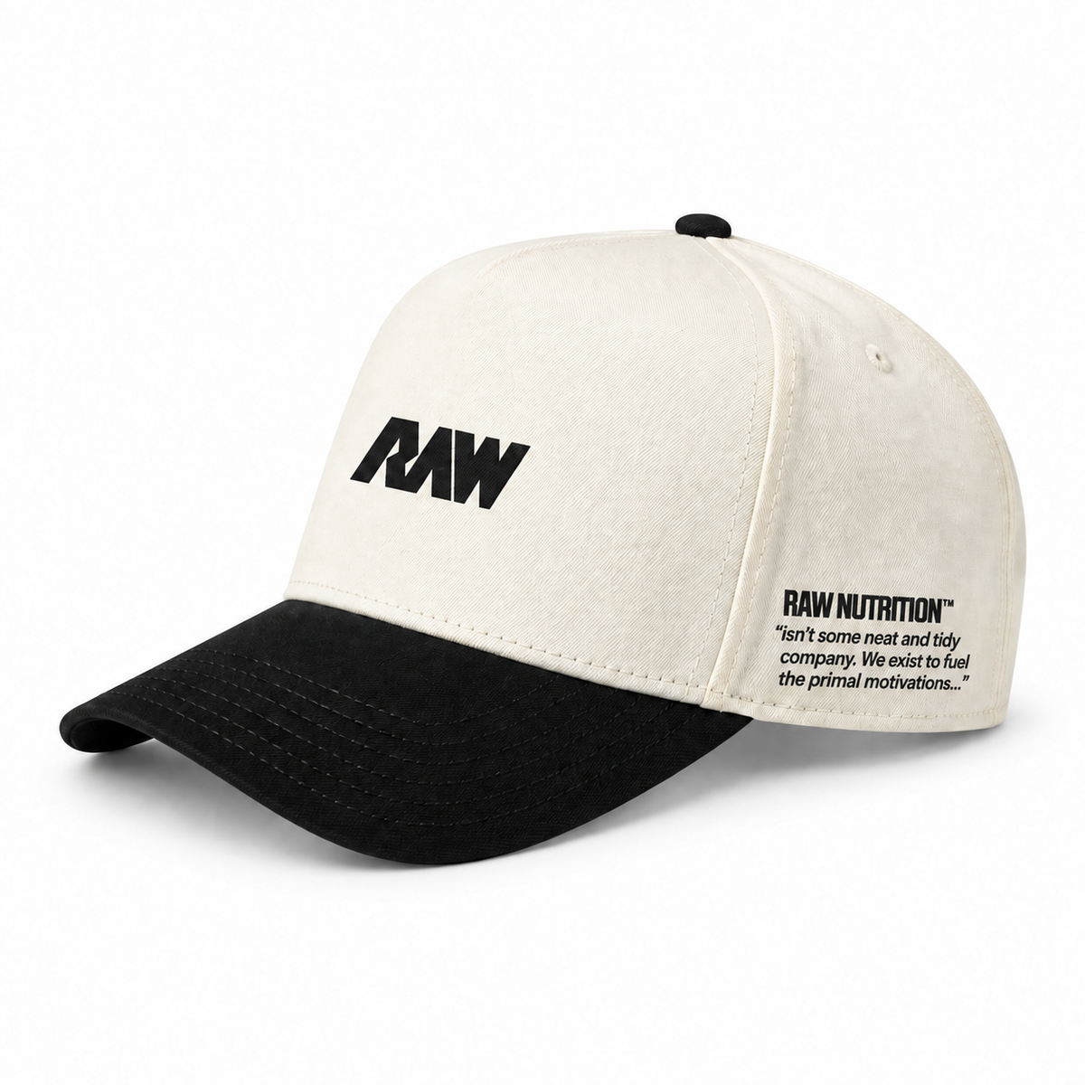 Two toned black and white ball cap with the RAW logo on the front and the creed statement on the side