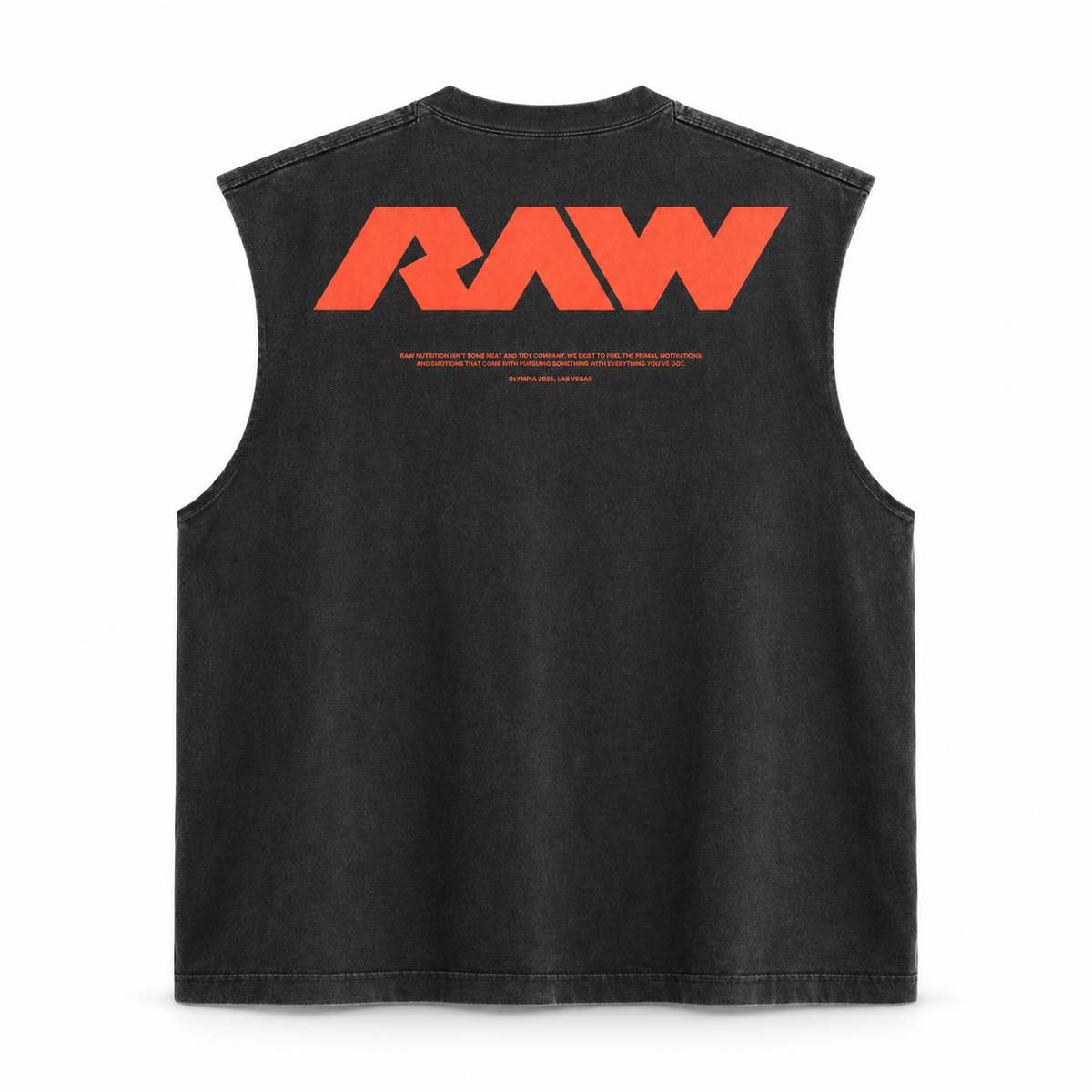 Black tank top with orange logo and mission statement on the back