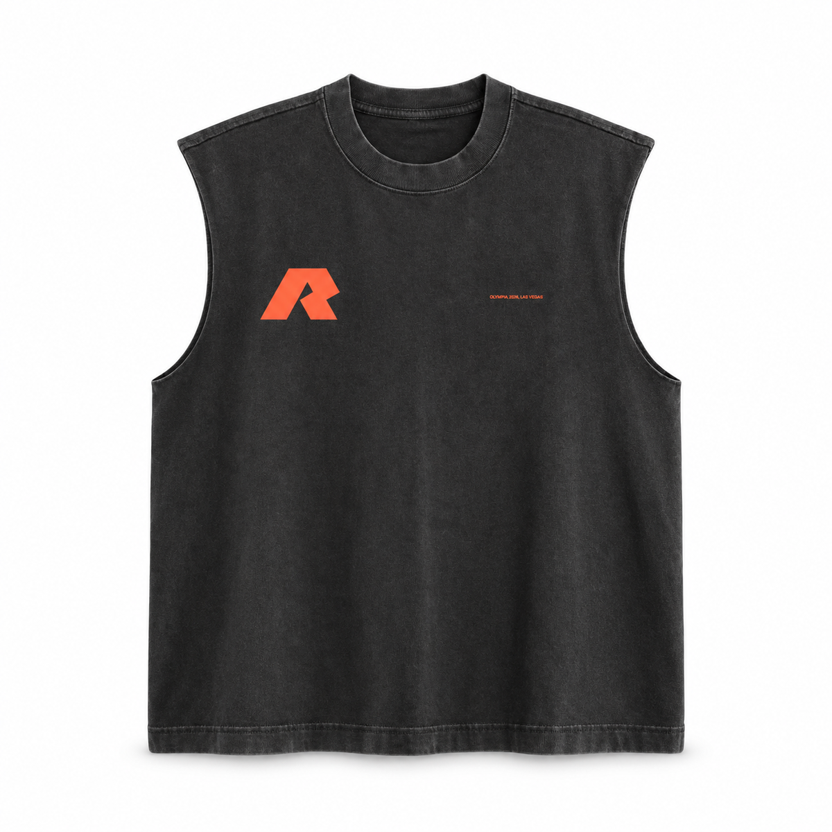 Black tank top with orange logo on the front