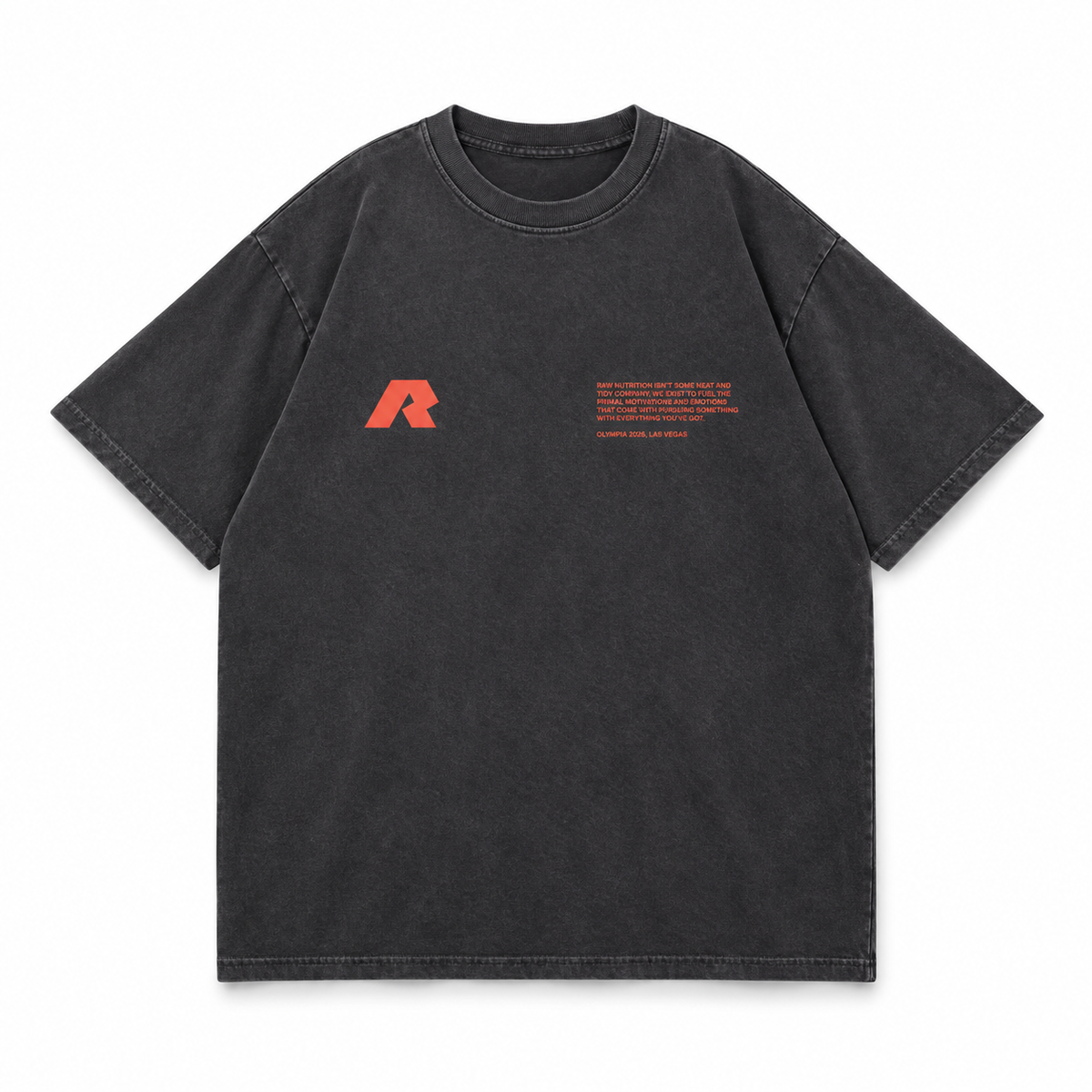Back tee with orange RAW logo and mission statement text on the front