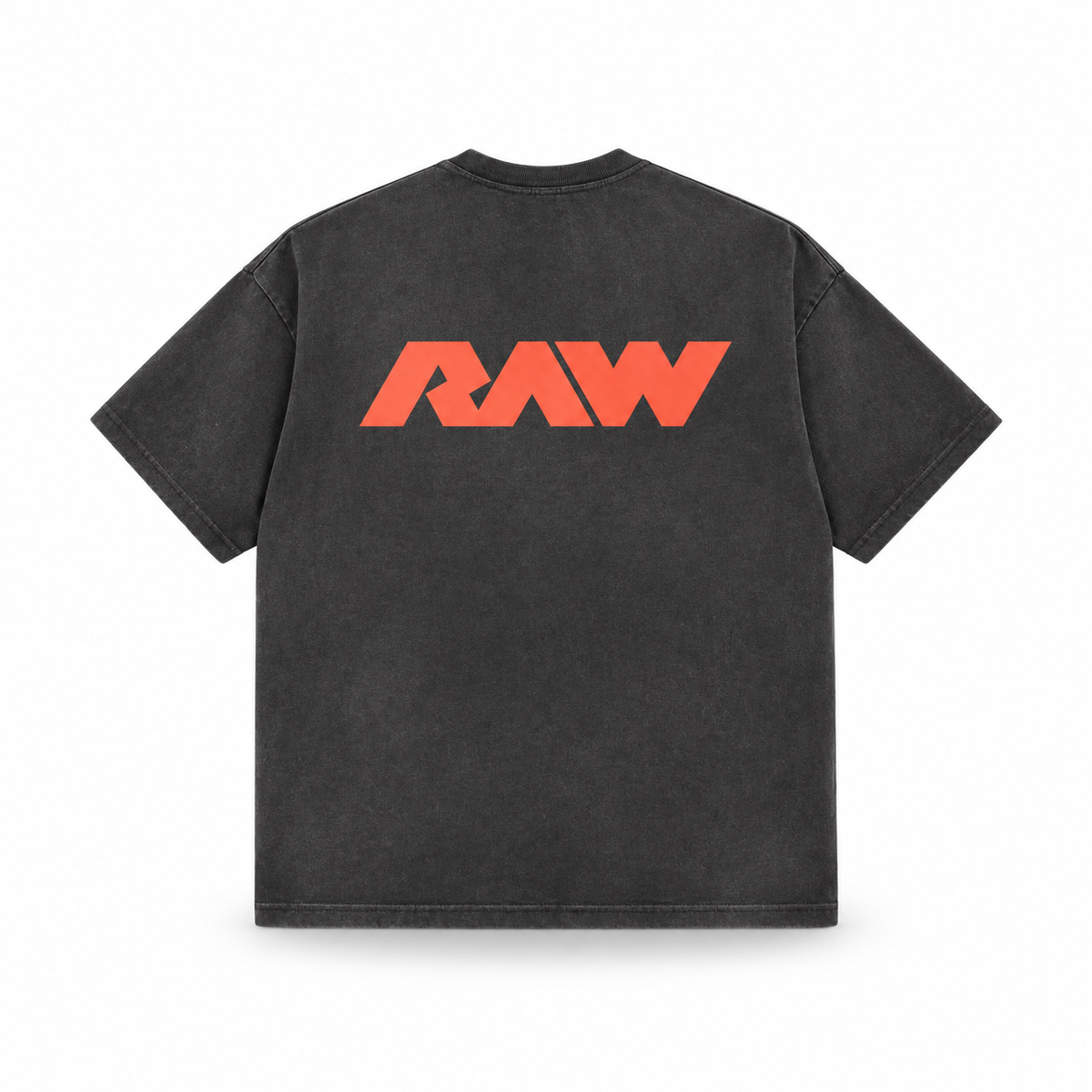 Black tee with the orange RAW logo on the back