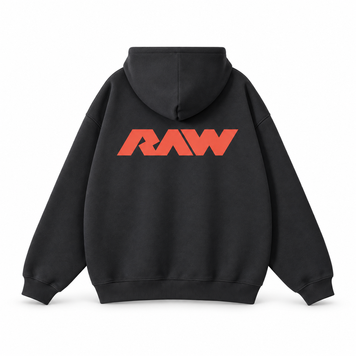 Black hooded sweatshirt with orange logo on the back