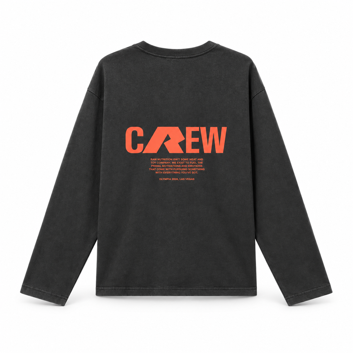 Black long sleeve t-shirt with orange CREW and mission statement on the back