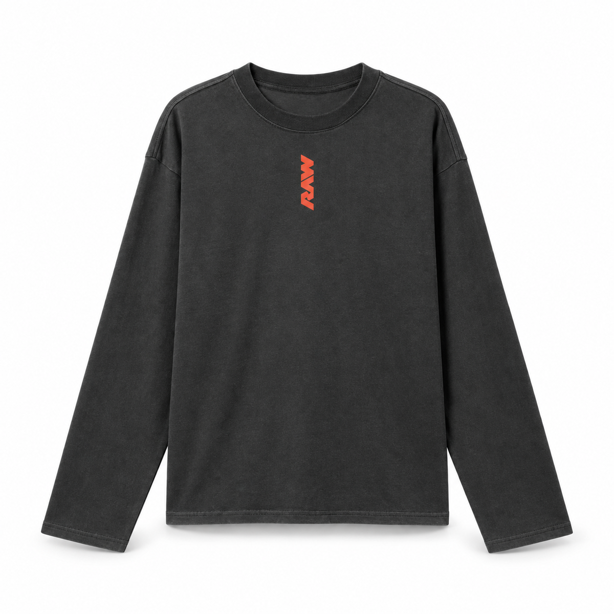 Black long sleeve t-shirt with orange RAW logo on the front