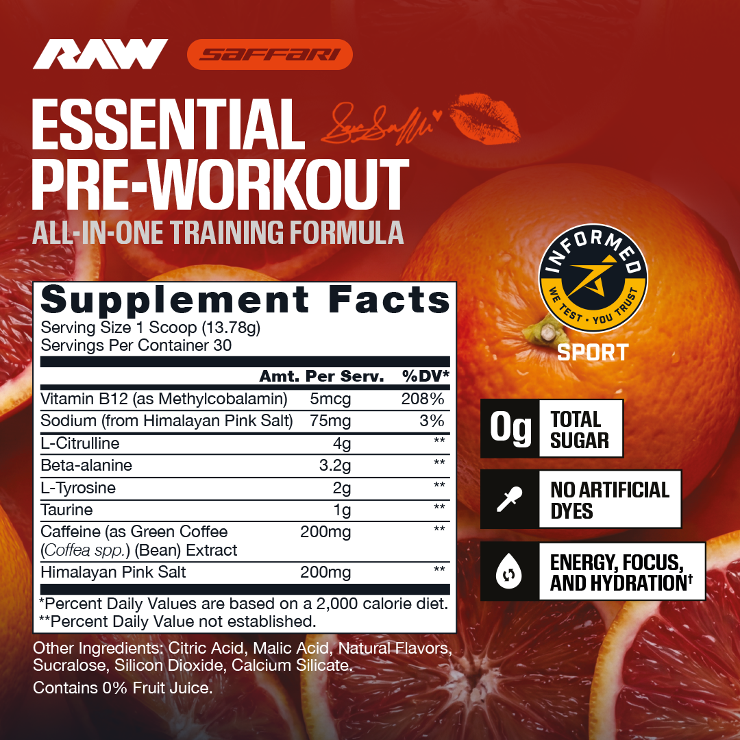 Sara Saffari x RAW Sour Blood Orange Essential Pre-Workout, 30 servings
