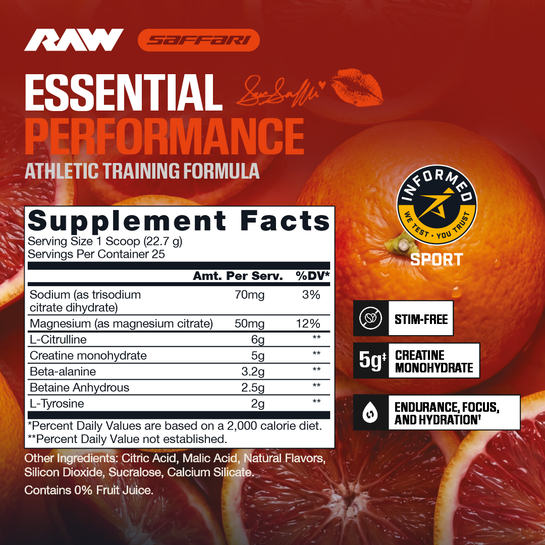 Sara Saffari x RAW Sour Blood Orange Essential Performance Pre-Workout, 25 servings