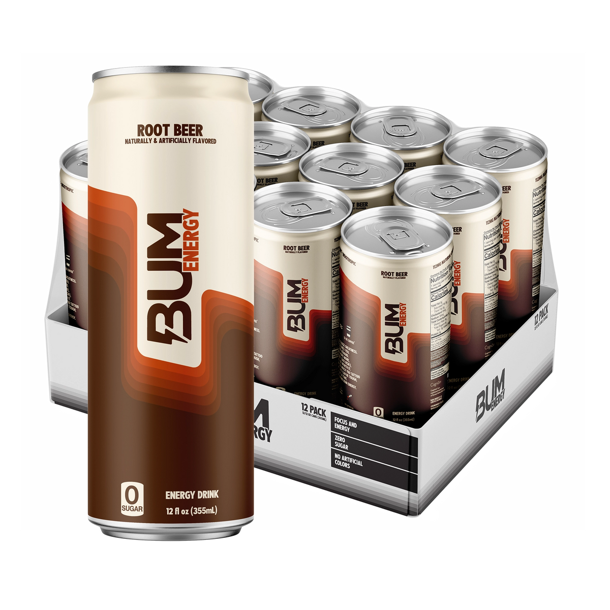 BUM Energy Root Beer 12-pack: cream and brown zero-sugar can in front of an open tray of 12 cans