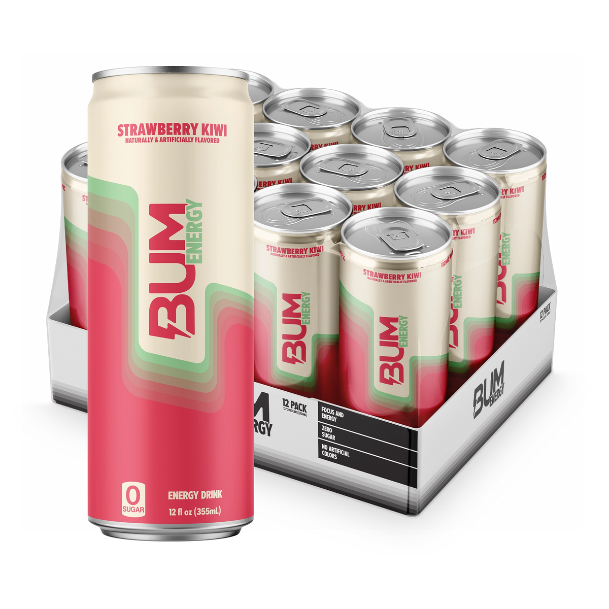 BUM Energy Strawberry Kiwi 12-pack: cream and pink-red zero-sugar can with mint accents in front of an open tray of 12 cans