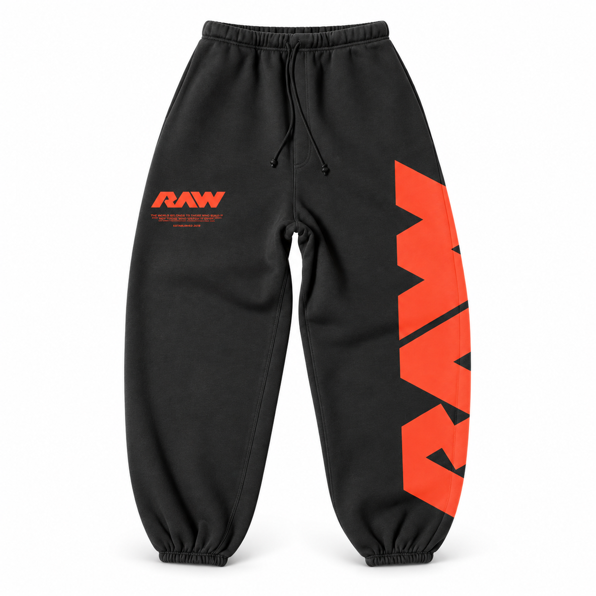 Black sweatpants with RAW logo branding and mission statement in orange