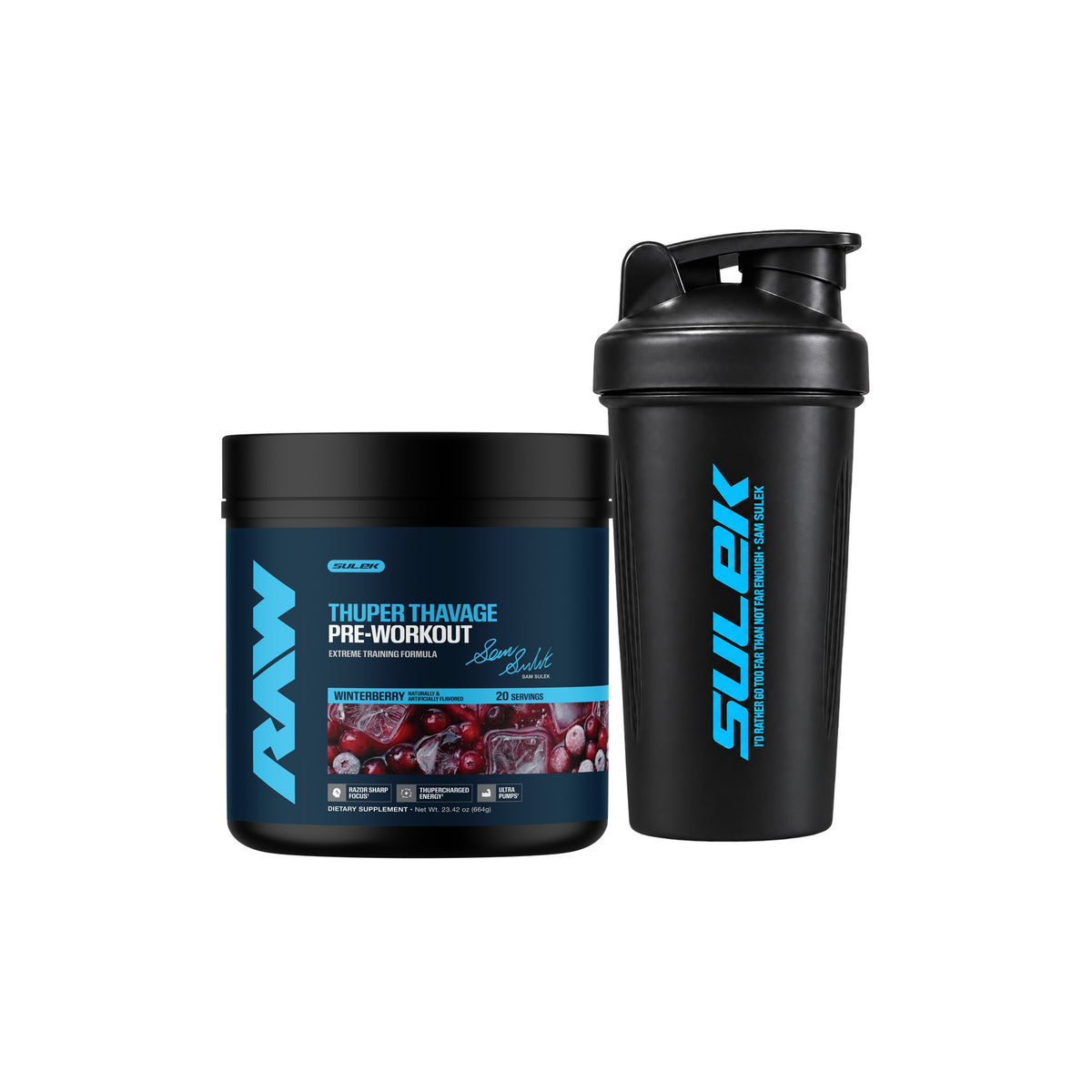 Sam Sulek x RAW Winterberry Thuper Thavage Pre-Workout with a black Sam Sulek shaker bottle