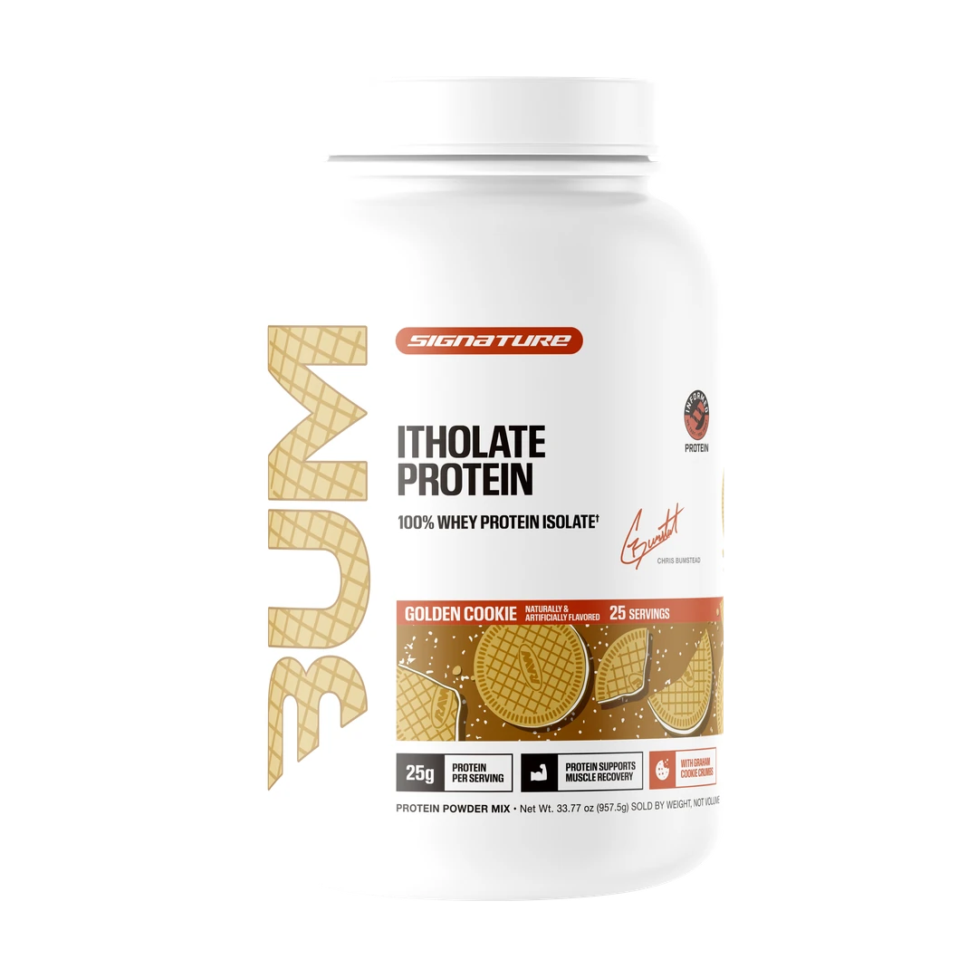 BUM Itholate Protein Golden Cookie tub, front label.