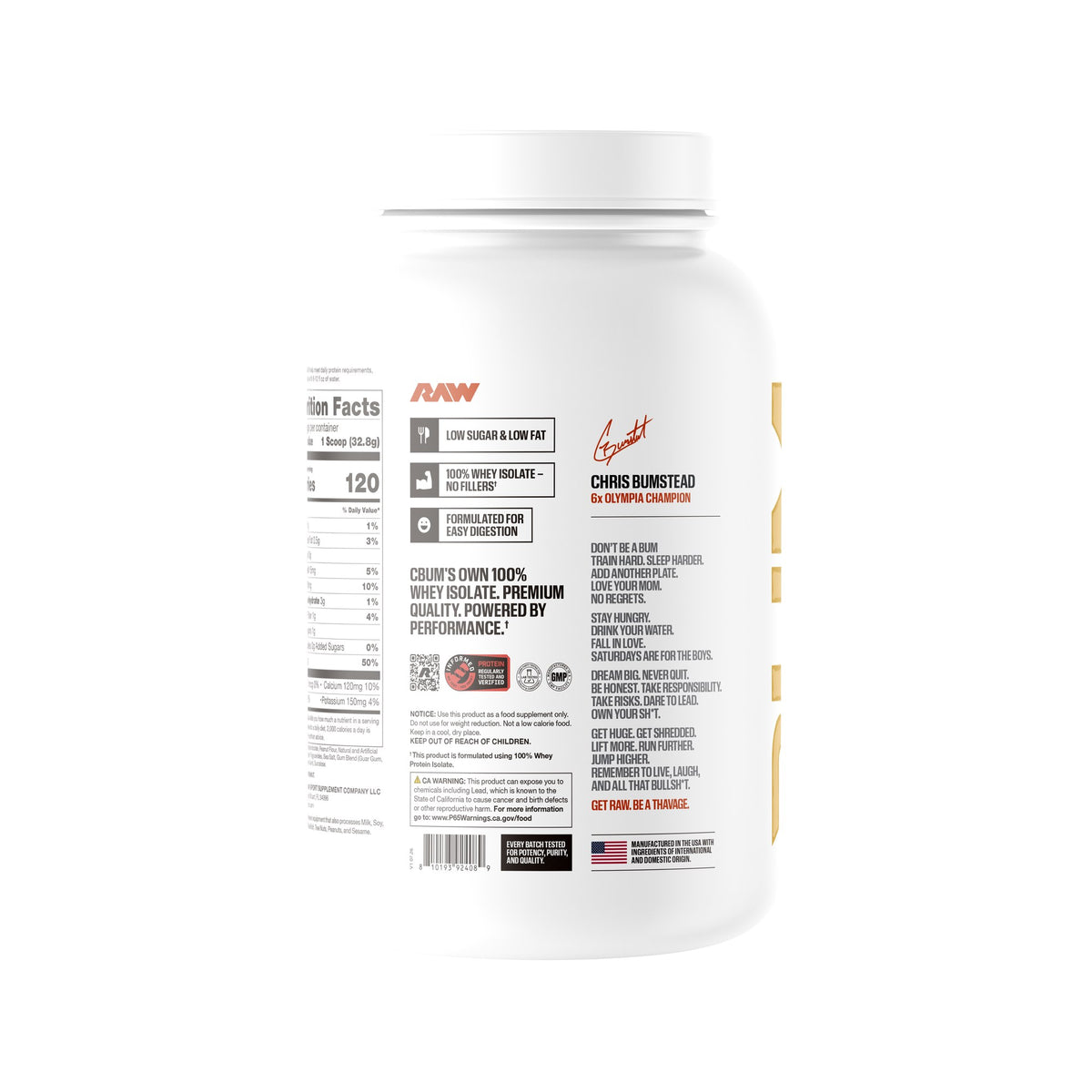 Back label of the BUM Itholate Protein Peanut Butter Cookie tub with product highlights and a message from Chris Bumstead.