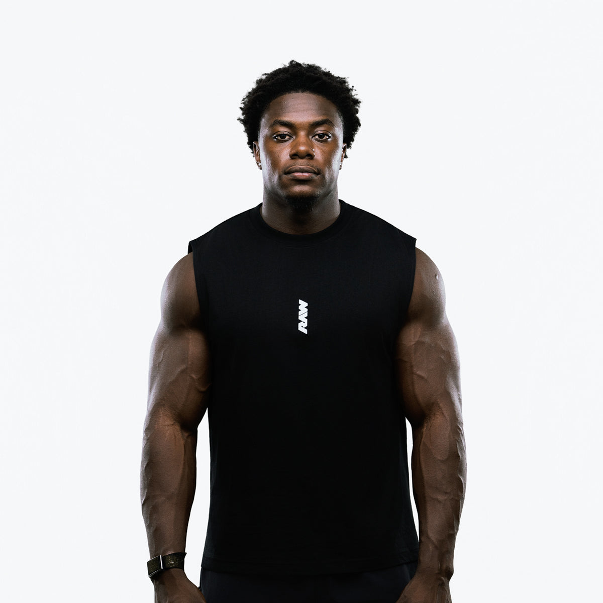 RAW Core Borderline Obsessed Tank, black and light grey, on model, front (men's)