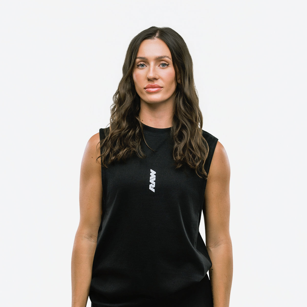 RAW Core Borderline Obsessed Tank, black and light grey, on model, front (women's)