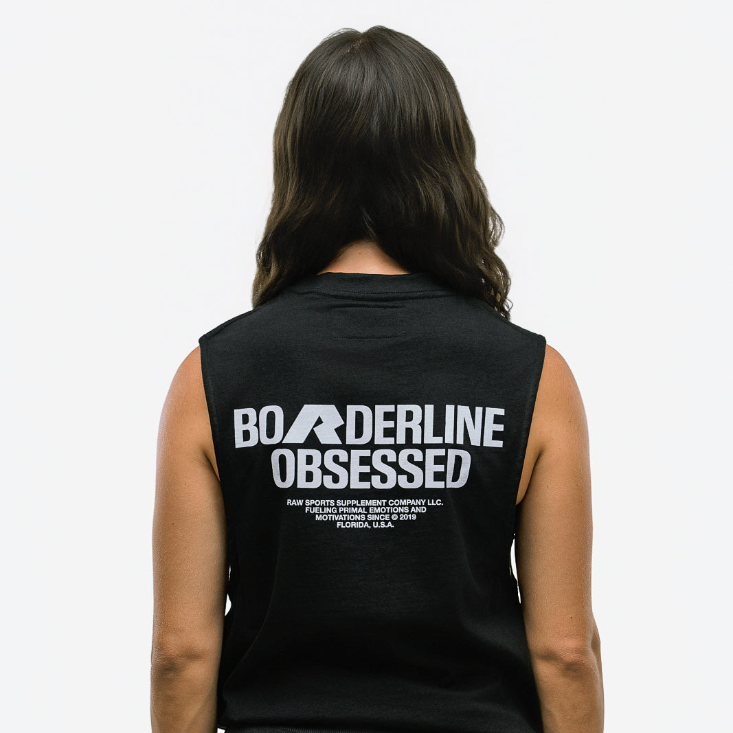 RAW Core Borderline Obsessed Tank, black and light grey, on model, back (women's)