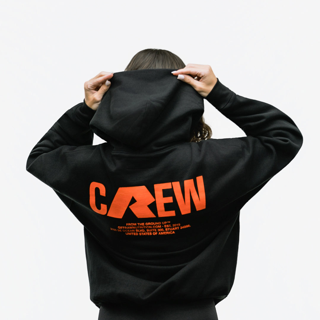 RAW Core Crew Hoodie, black and orange, on model, back (women's)