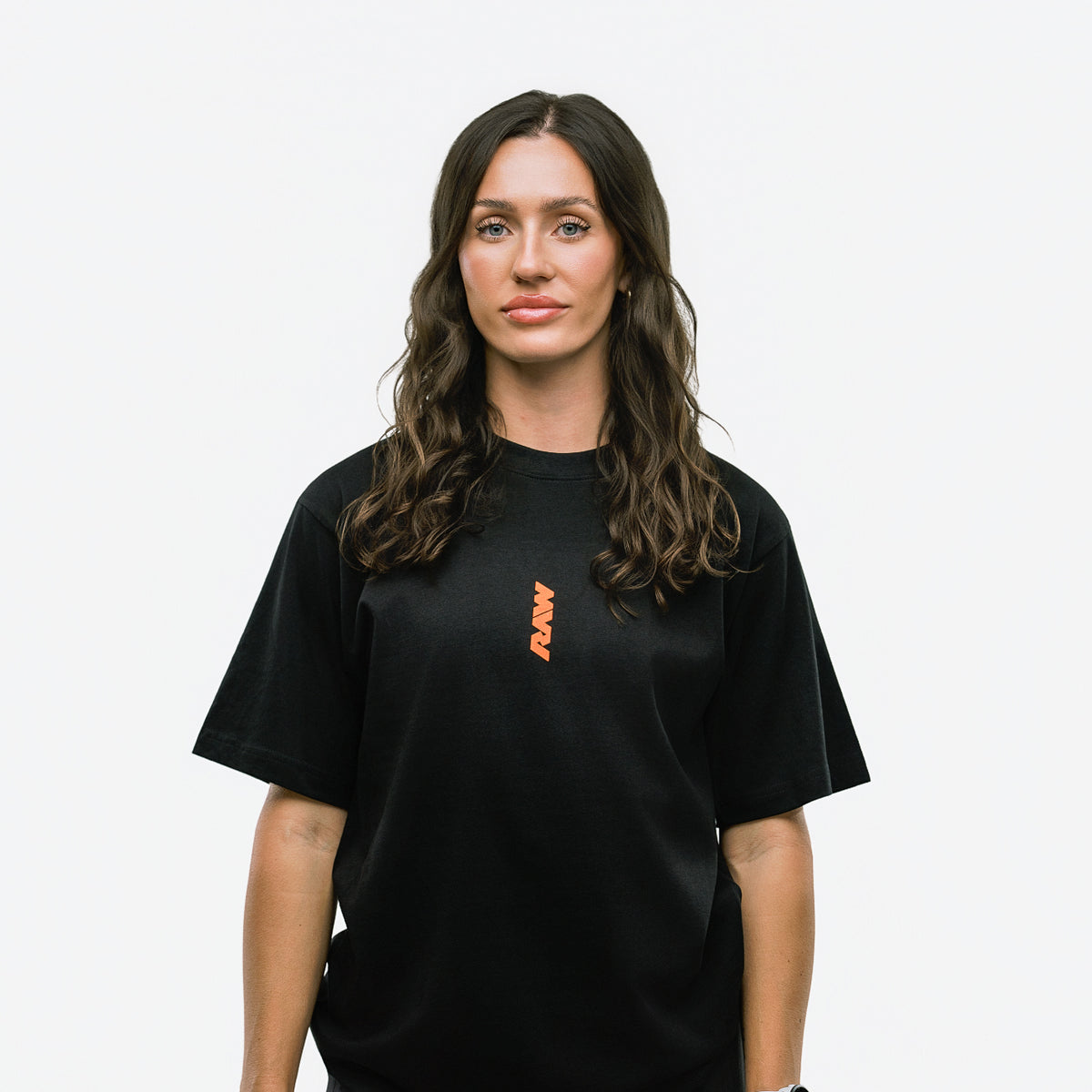 RAW Core Crew T-Shirt, black and orange, on model, front (women's)
