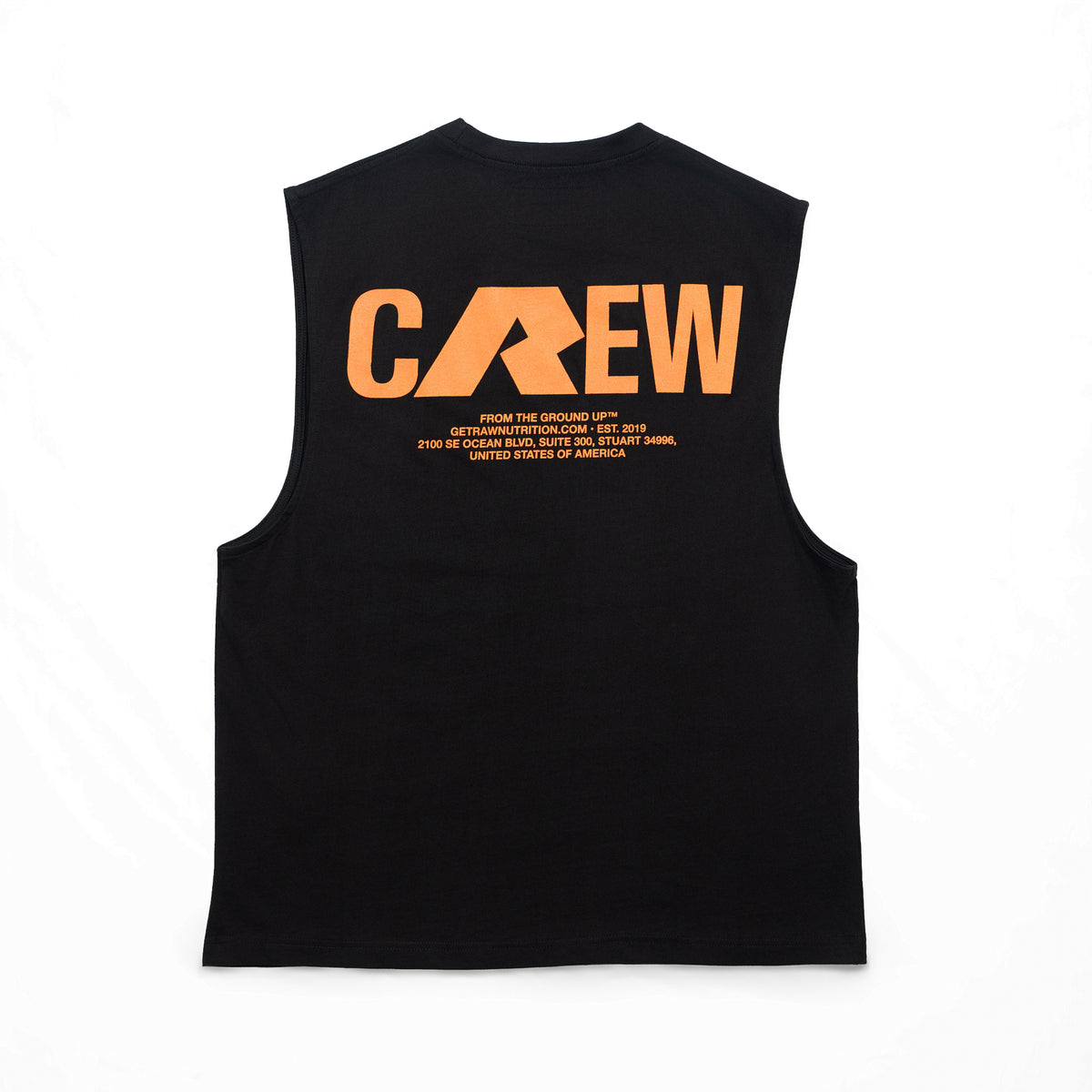 RAW Core Crew Tank, black and orange, back flat lay