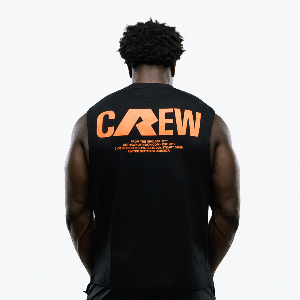 RAW Core Crew Tank, black and orange, on model, back (men's)