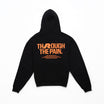 RAW Core Through The Pain Hoodie, black and orange, back flat lay