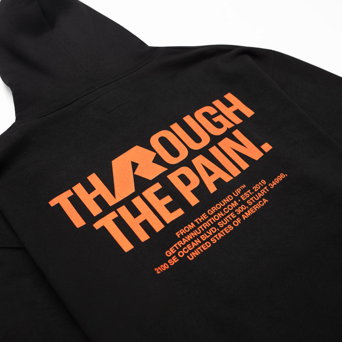 RAW Core Through The Pain Hoodie, black and orange, back graphic detail