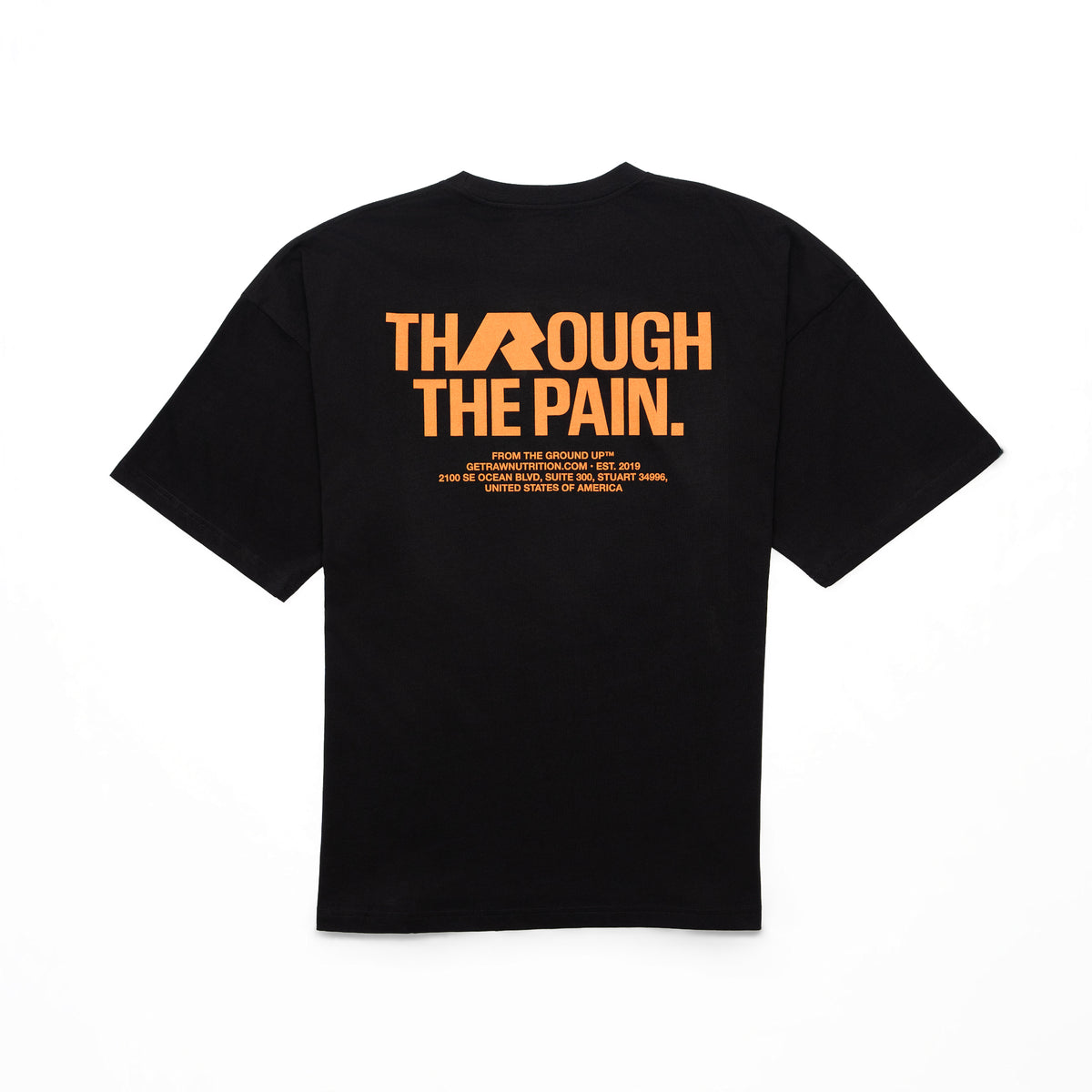 RAW Core Through The Pain T-Shirt, black and orange, back flat lay