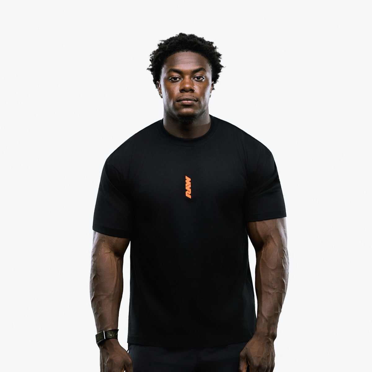 RAW Core Through The Pain T-Shirt, black and orange, on model, front (men's)