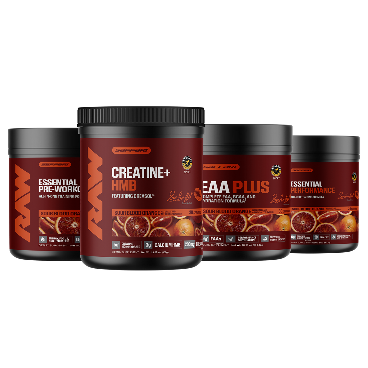 Sara Saffari Sour Blood Orange Stack — Essential Pre-Workout, Essential Performance, EAA Plus, and Creatine + HMB