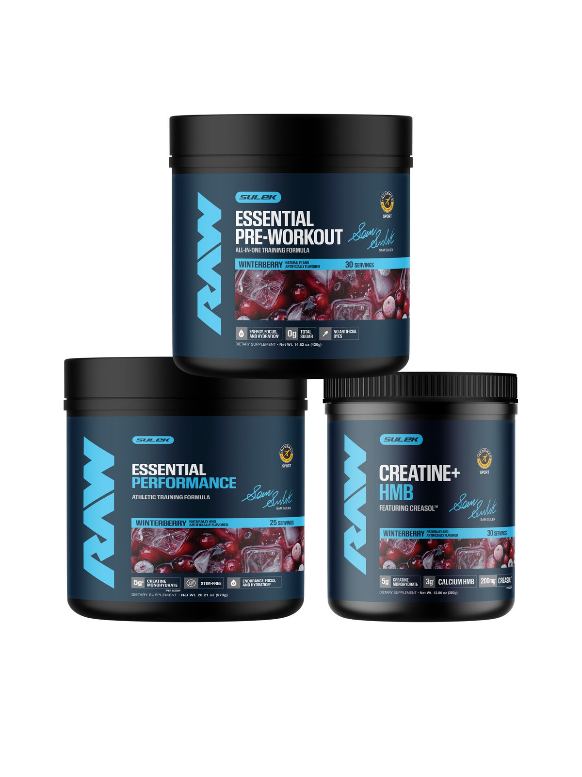 Essential Pre-Workout, Essential Performance and Creatine + HMB in Winterberry.