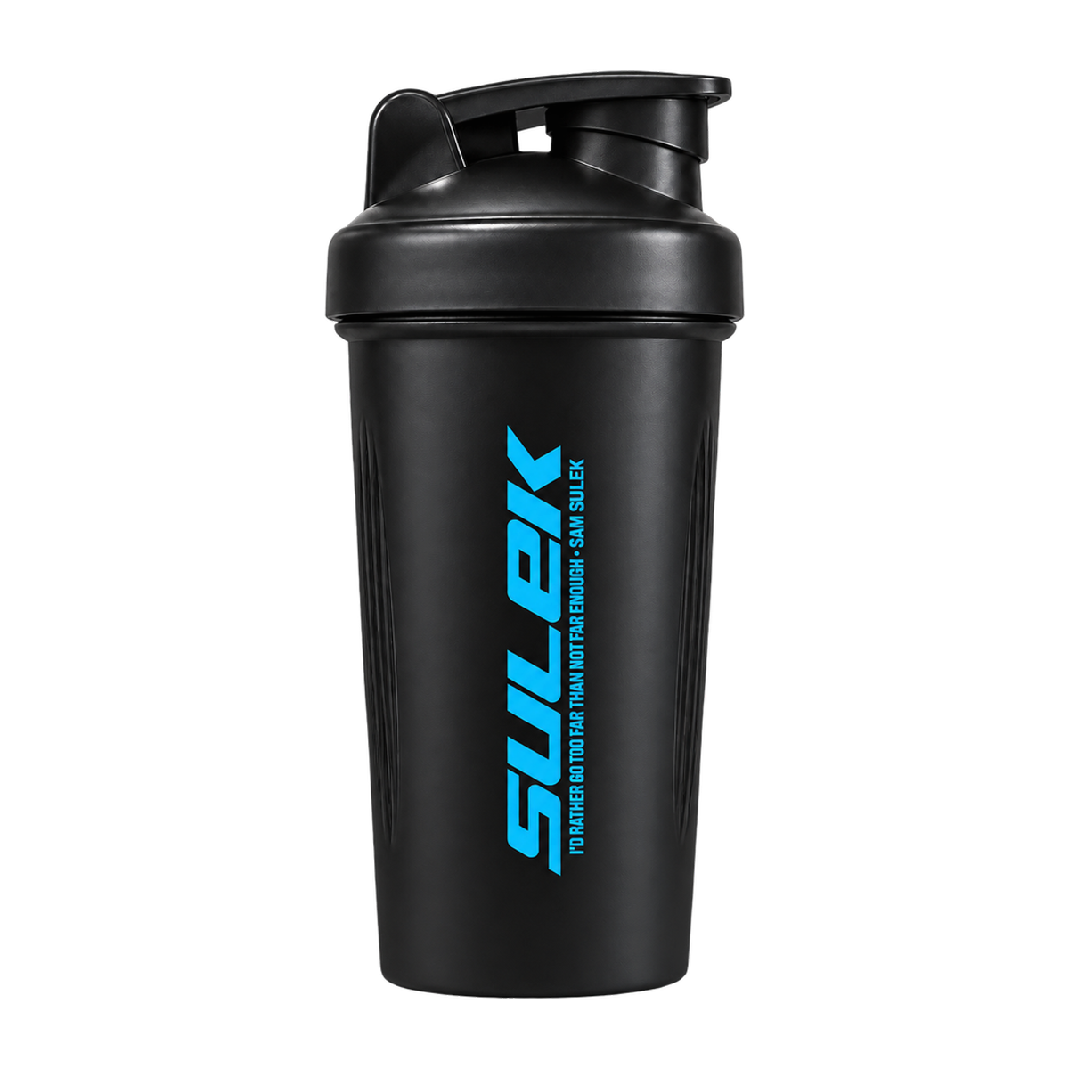 Black RAW x Sam Sulek 28 oz shaker bottle with blue SULEK logo