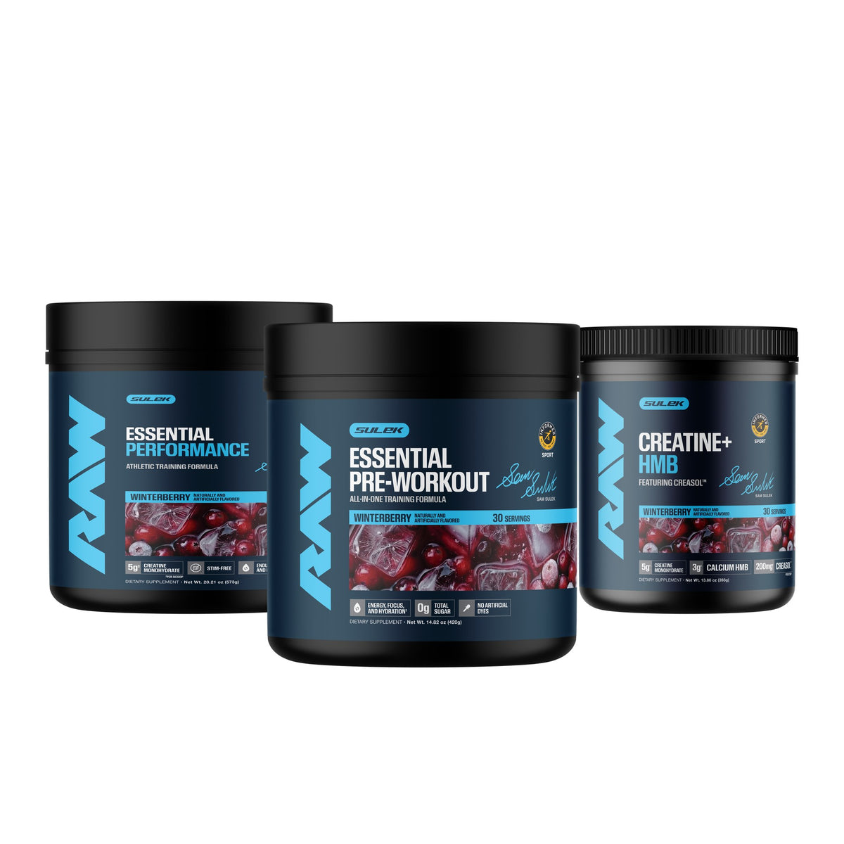 The Winterberry Stack: Sam Sulek x RAW Winterberry Essential Pre-Workout, Essential Performance and Creatine + HMB