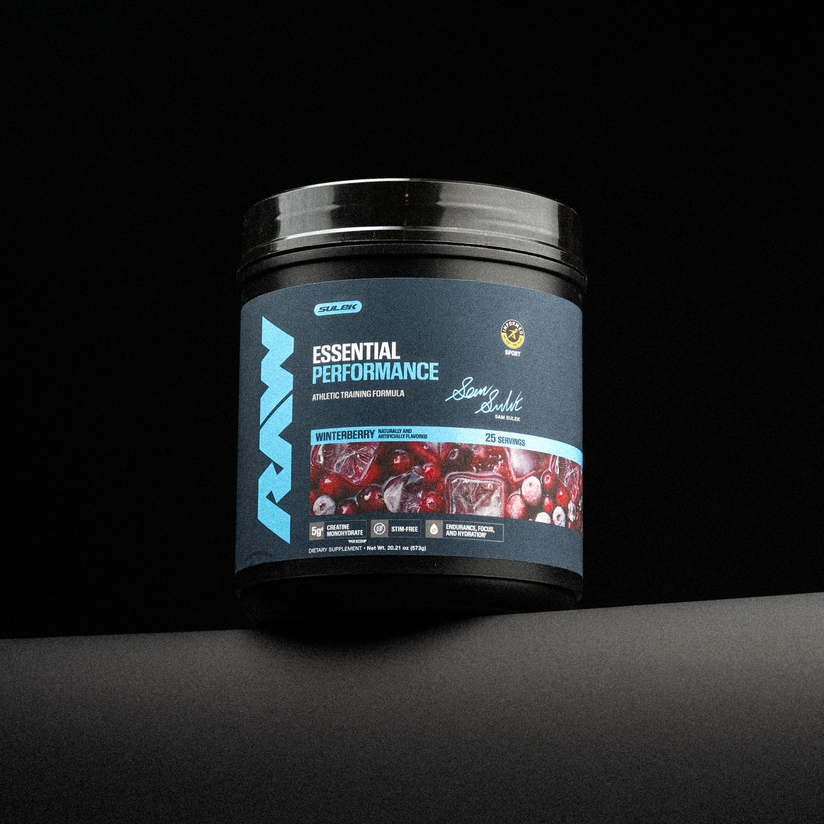 RAW Winterberry Essential Performance Pre-Workout from the Sam Sulek Series, studio shot on black