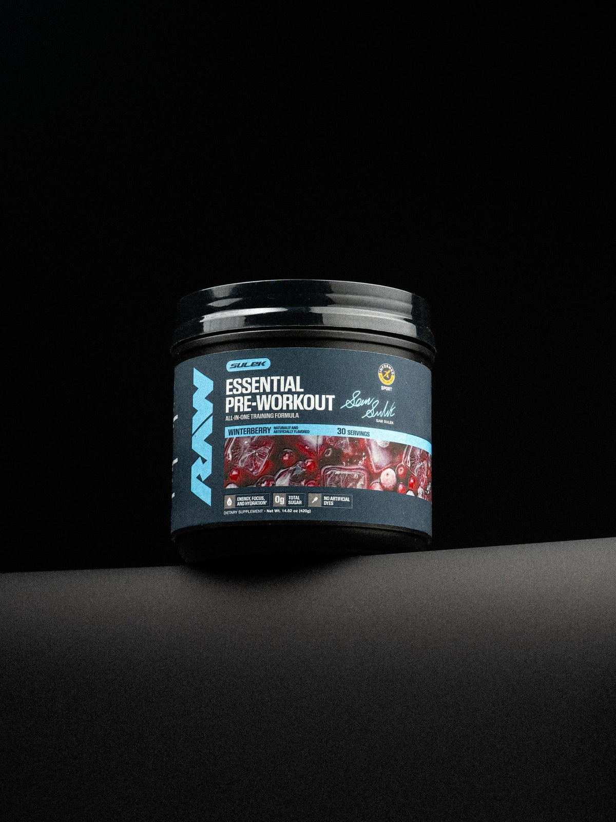 RAW Winterberry Essential Pre-Workout from the Sam Sulek Series, studio shot on black