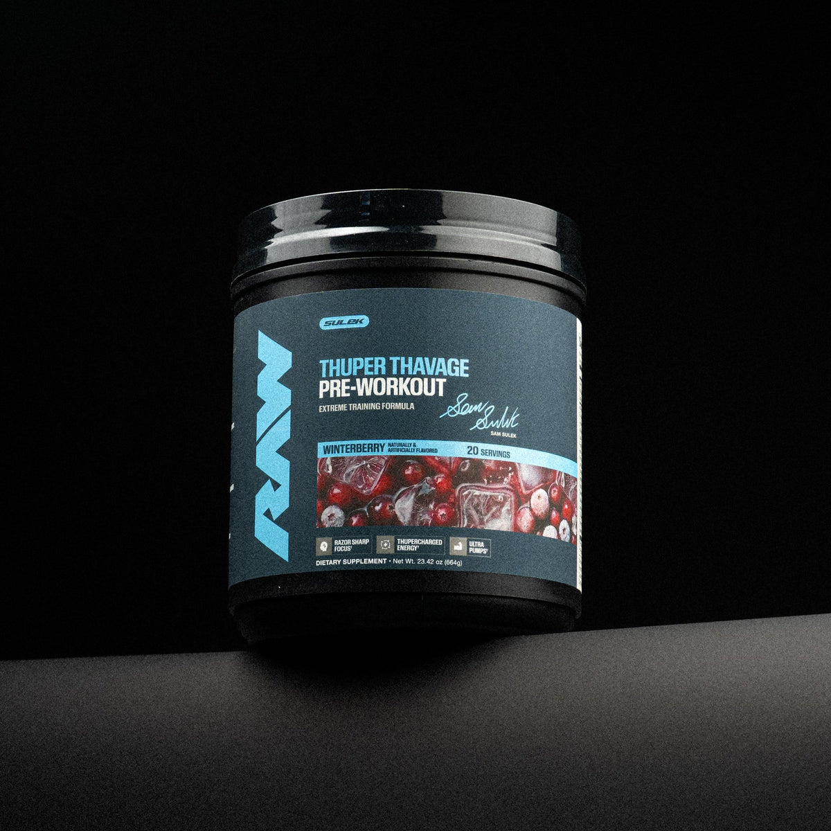 RAW Winterberry Thuper Thavage Pre-Workout from the Sam Sulek Series, studio shot on black