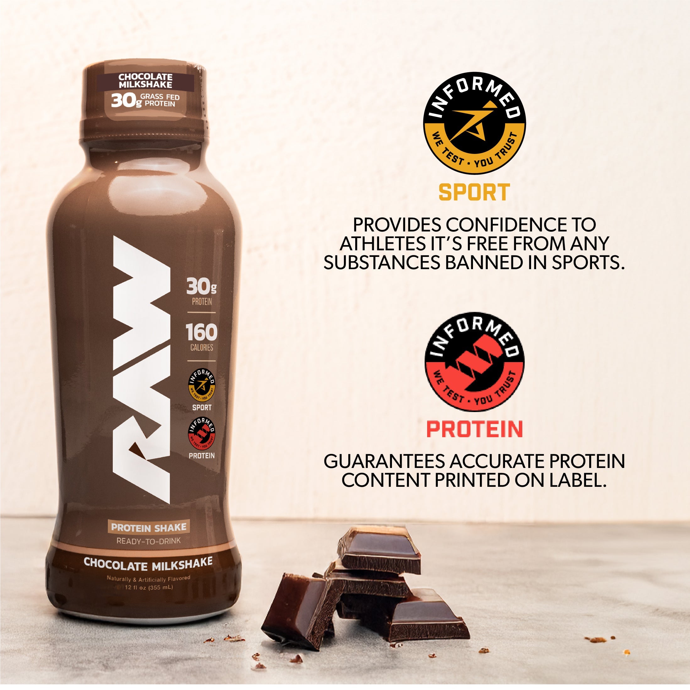 RAW protein shake bottle with chocolate pieces on a light background, featuring Informed Sport logos.