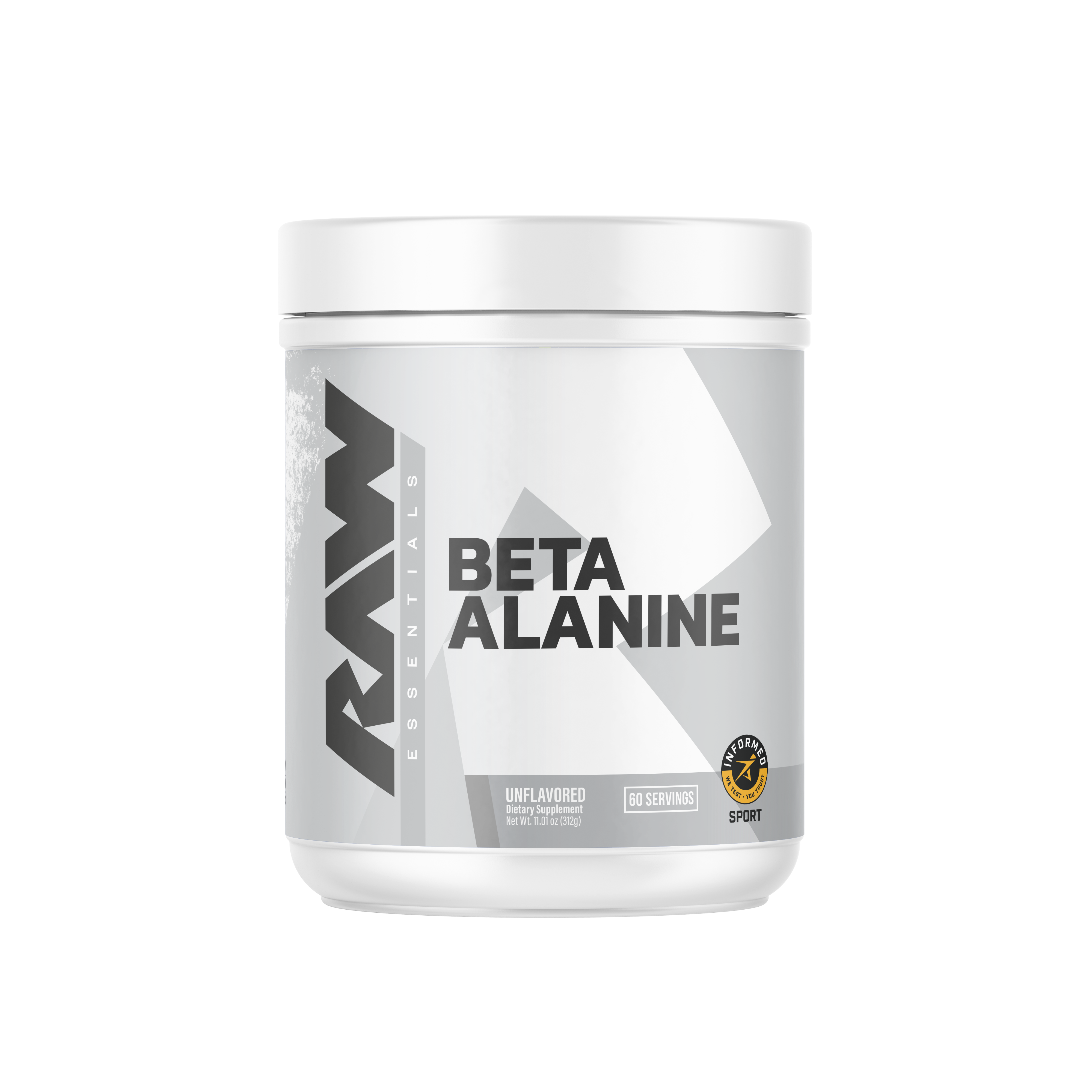 RAW Essentials Beta Alanine supplement container, unflavored with 60 servings, formulated to improve muscular endurance and reduce fatigue during high-intensity training.